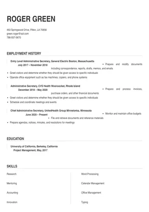 sample resume for administrative secretary