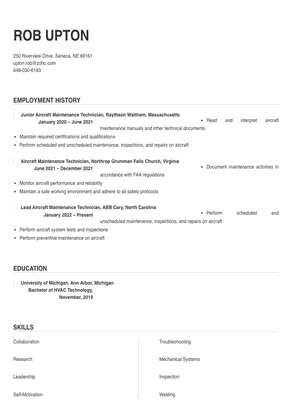 sample resume for aircraft maintenance technician ojt