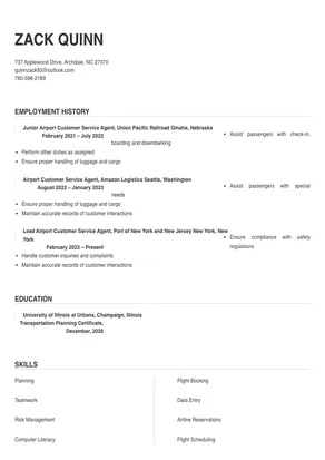resume for airport customer service agent