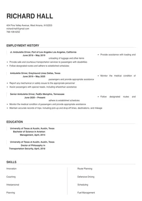 Ambulette Driver Resume Sample & Tips | Online Resume Builder