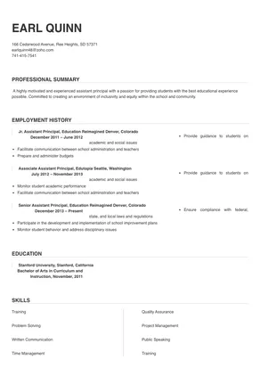 resume for teacher applying for assistant principal position