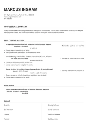 resume for assisted living administrator