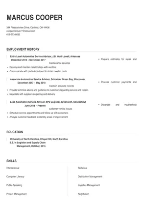 sample resume for automobile service advisor