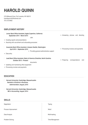 back office resume format in word