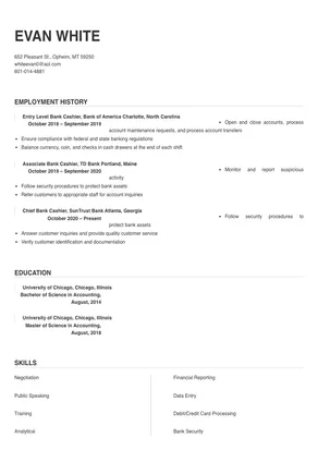 resume format for bank cashier