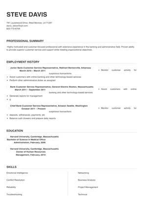 customer service representative bank resume