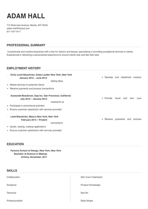 resume format for beautician fresher