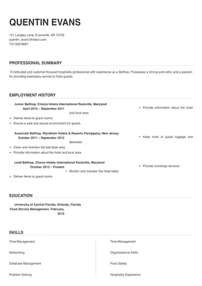 Bellhop Resume Sample & Tips | Online Resume Builder