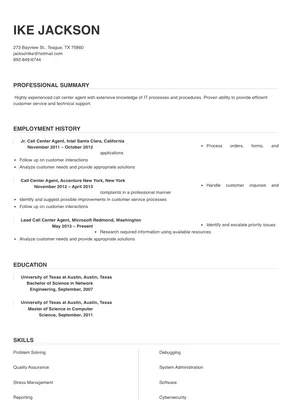 resume for applying call center agent