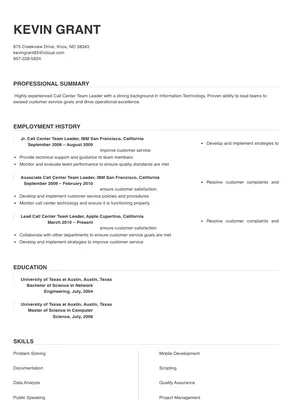 resume for team leader in call center