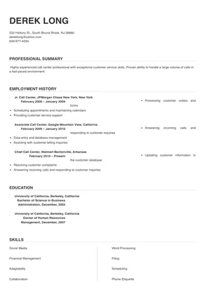 resume for call center job fresher
