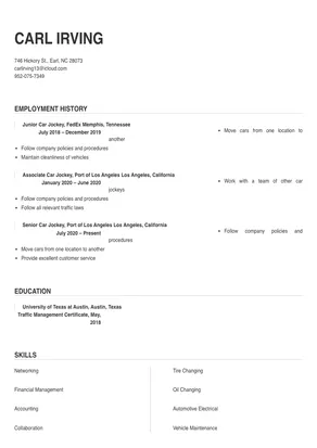 Car Jockey Resume Sample & Tips | Online Resume Builder