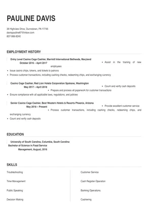 sample resume for casino cage cashier