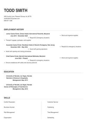 Casino Porter Resume Sample & Tips | Online Resume Builder