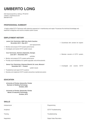 cctv service engineer resume format