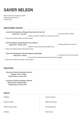 resume for receptionist at clinic