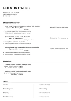 sample resume of college instructor