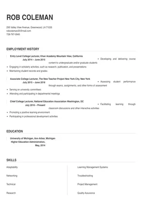 resume format for college lecturer