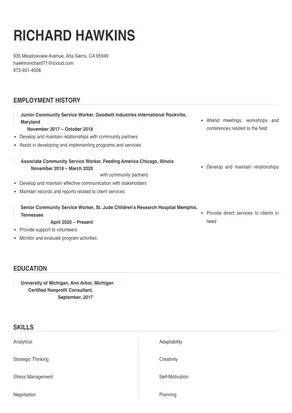 sample resume for community service worker