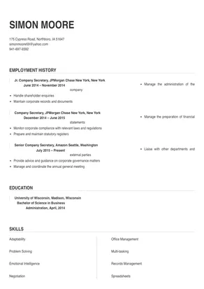 resume format for company secretary fresher