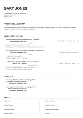 simple resume format for computer operator