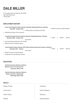 resume format of computer teacher