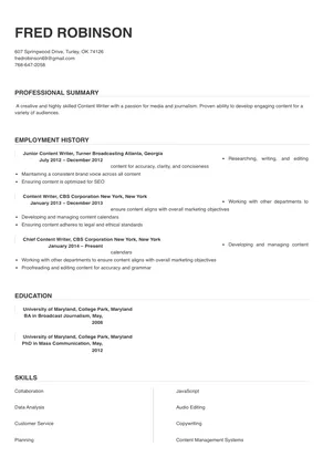 content writer job description for resume