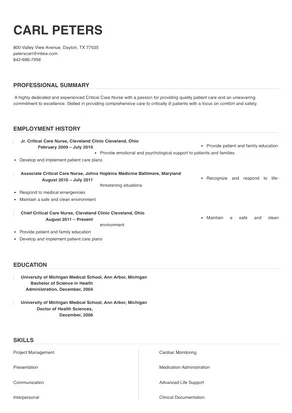 sample resume for critical care nurse
