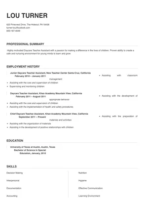 daycare teacher assistant job description for resume