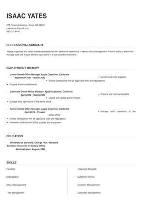 example resume for dental office manager