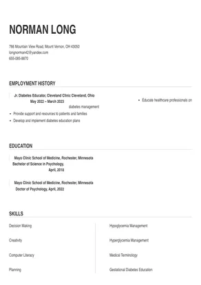 Diabetes Educator Resume Sample & Tips | Online Resume Builder