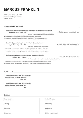 resume for a disability support worker