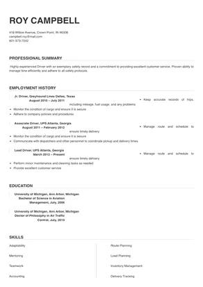 resume sample for driver position
