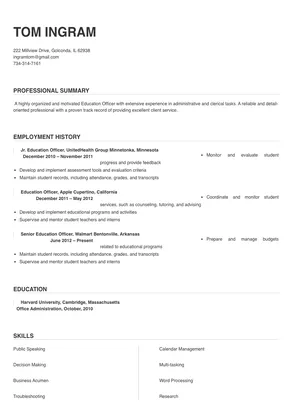 resume for education support officer