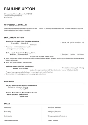 resume for emt position