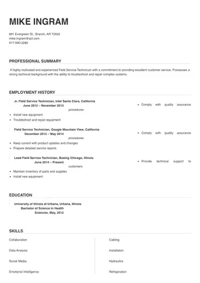 sample resume for field service technician
