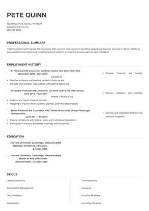 financial aid counselor resume sample