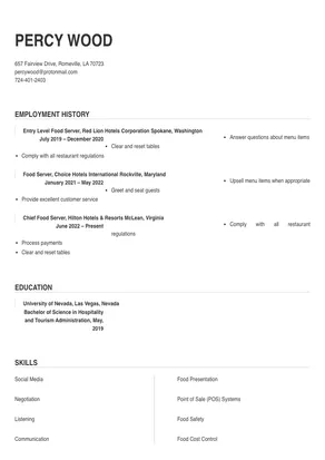 resume for food server position