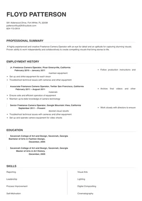 Freelance Camera Operator Resume Sample & Tips | Online Resume Builder