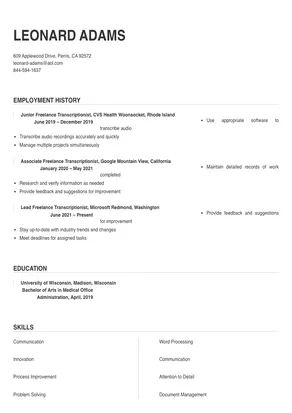 entry level transcriptionist resume sample