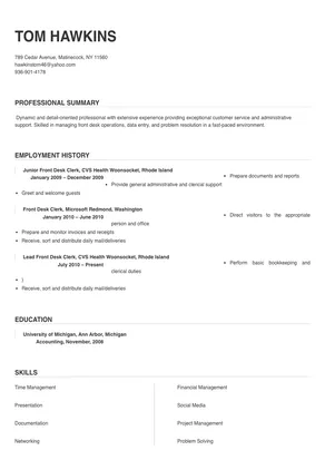 sample resume for front desk clerk