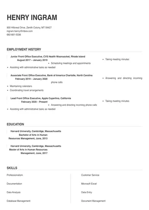 hospital front office executive resume