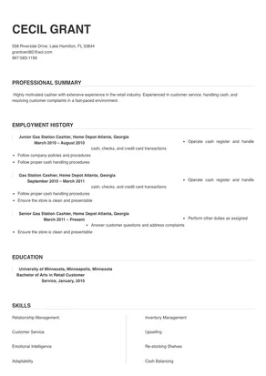 resume summary examples for gas station cashier