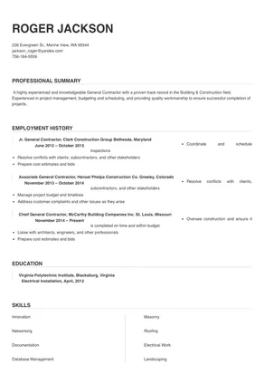 resume examples for general contractor