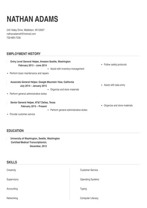 general helper resume sample