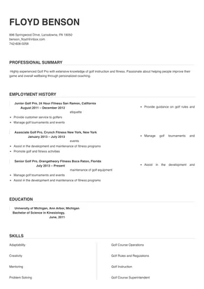 Golf Pro Resume Sample & Tips | Online Resume Builder