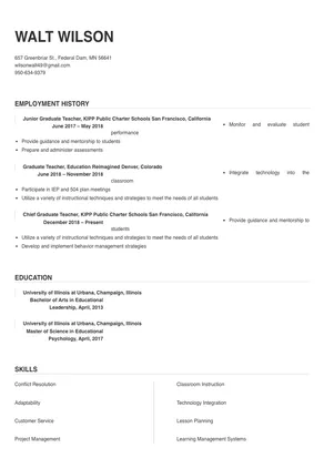 resume for teaching graduate