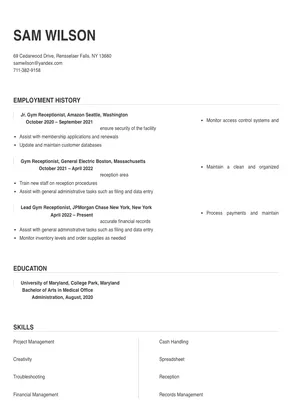 resume for gym receptionist