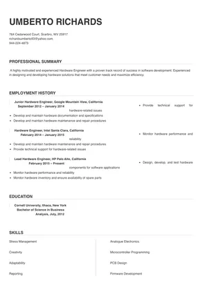 resume format for experienced hardware engineer