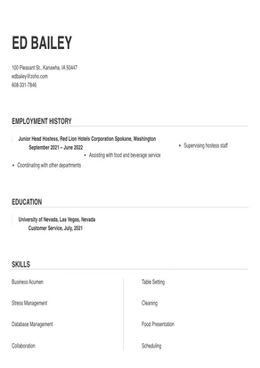 head hostess job description for resume